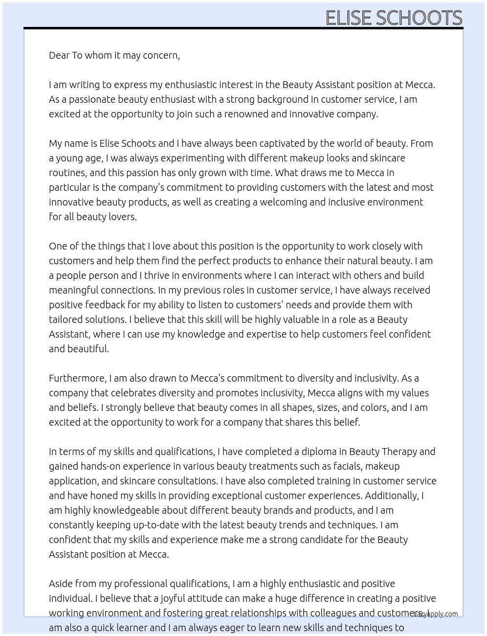 Beauty assistant At Mecca Cover Letter