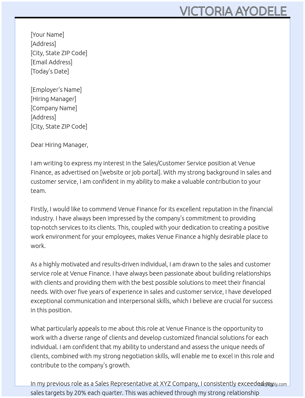 Sales/Customer service  At Venue finance  Cover Letter