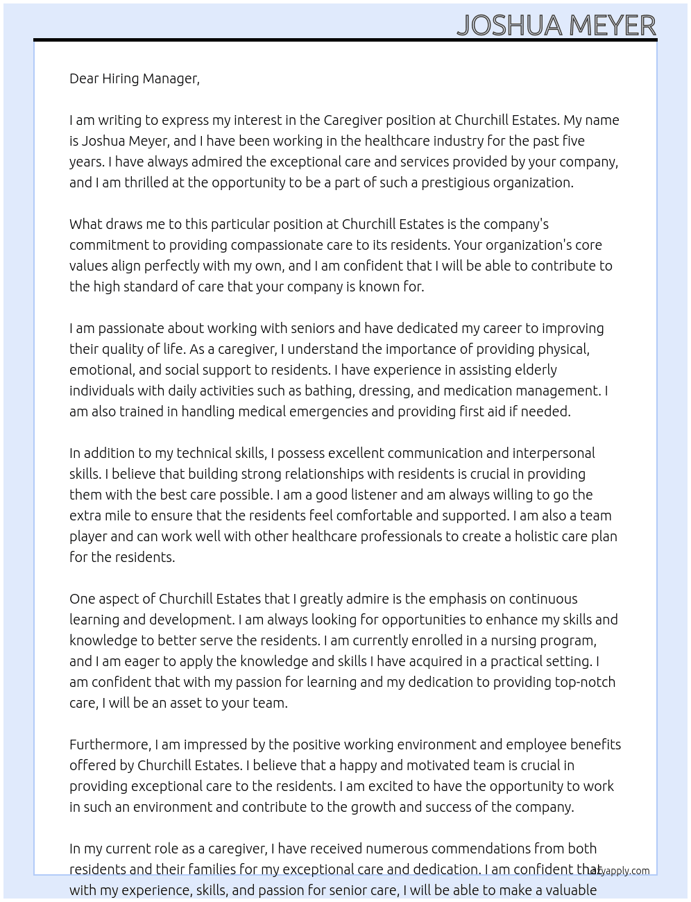 Caregiver At Churchill Estates Cover Letter