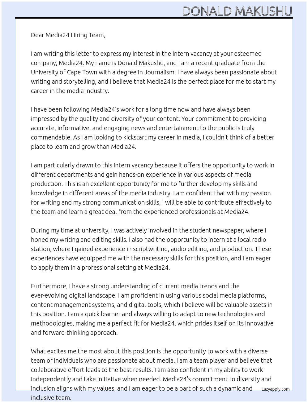 intern vacancy At media24 Cover Letter
