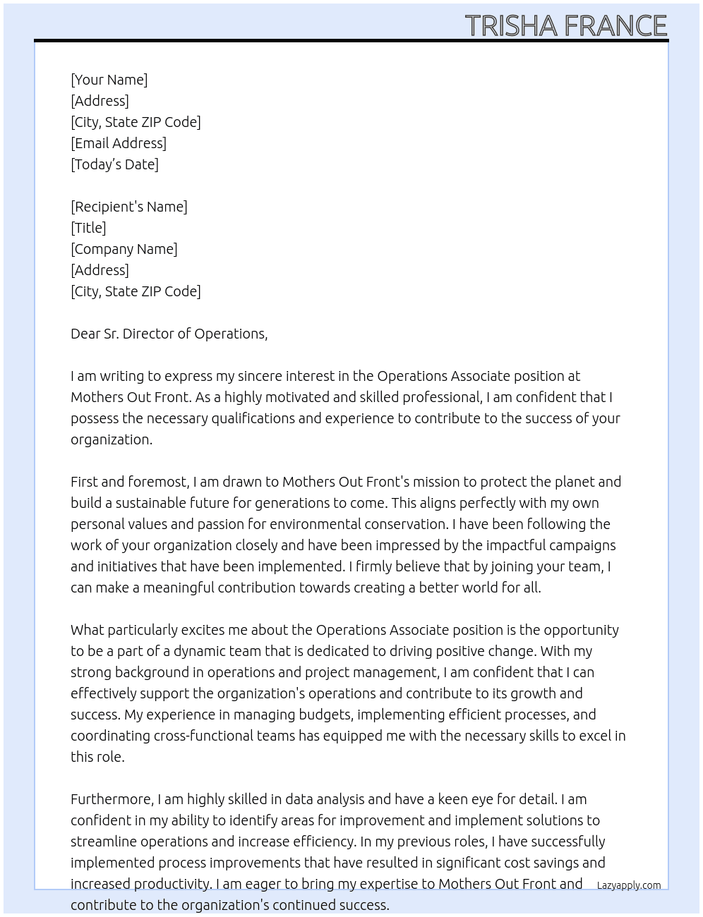 Operations Associate At Mothers Out Front Cover Letter