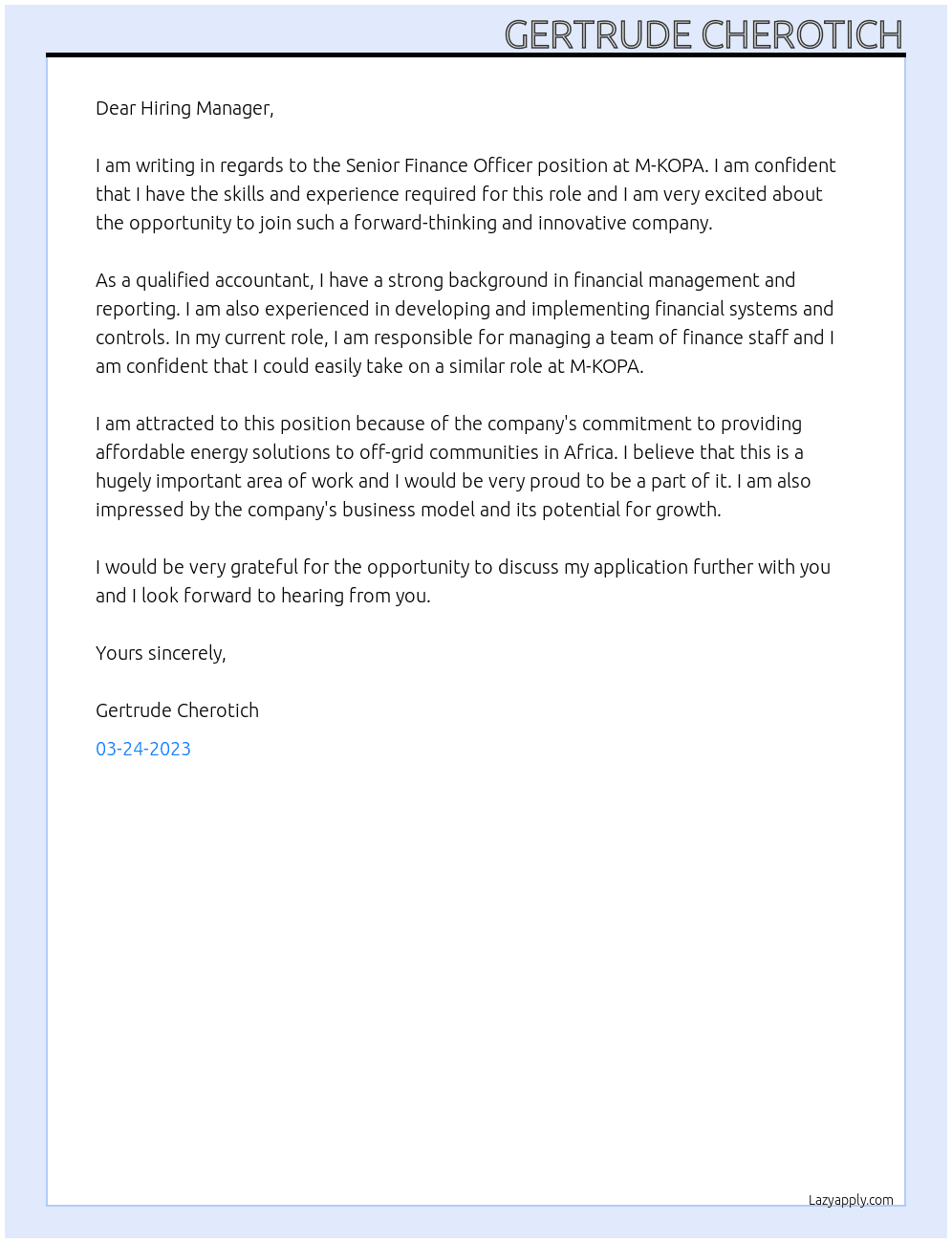Senior Finance officer At M-KOPA Cover Letter