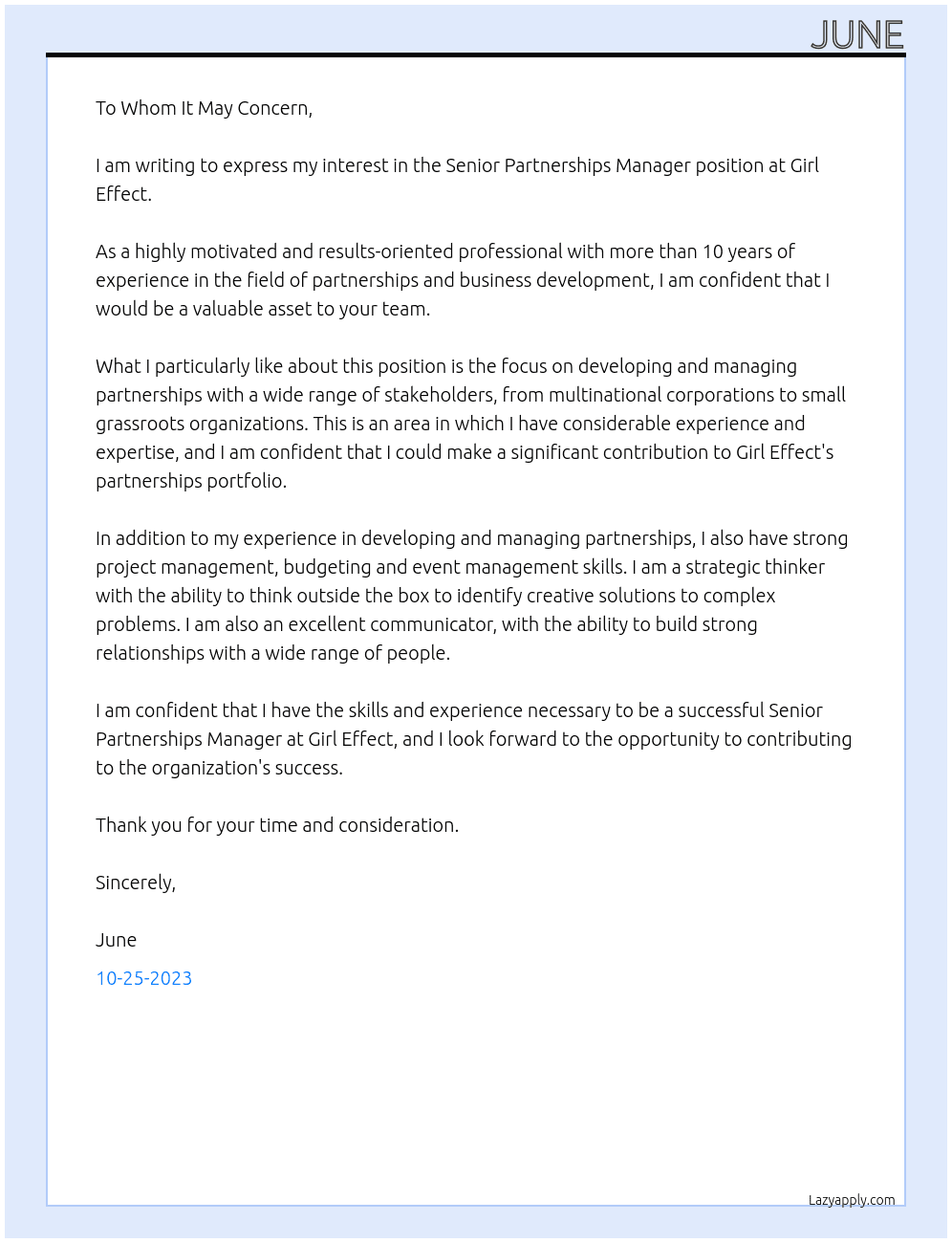 senior partnerships manager  At girl effect Cover Letter