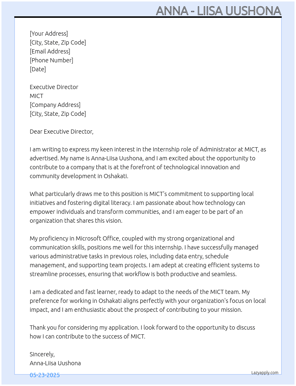 Administrator  At MICT Cover Letter