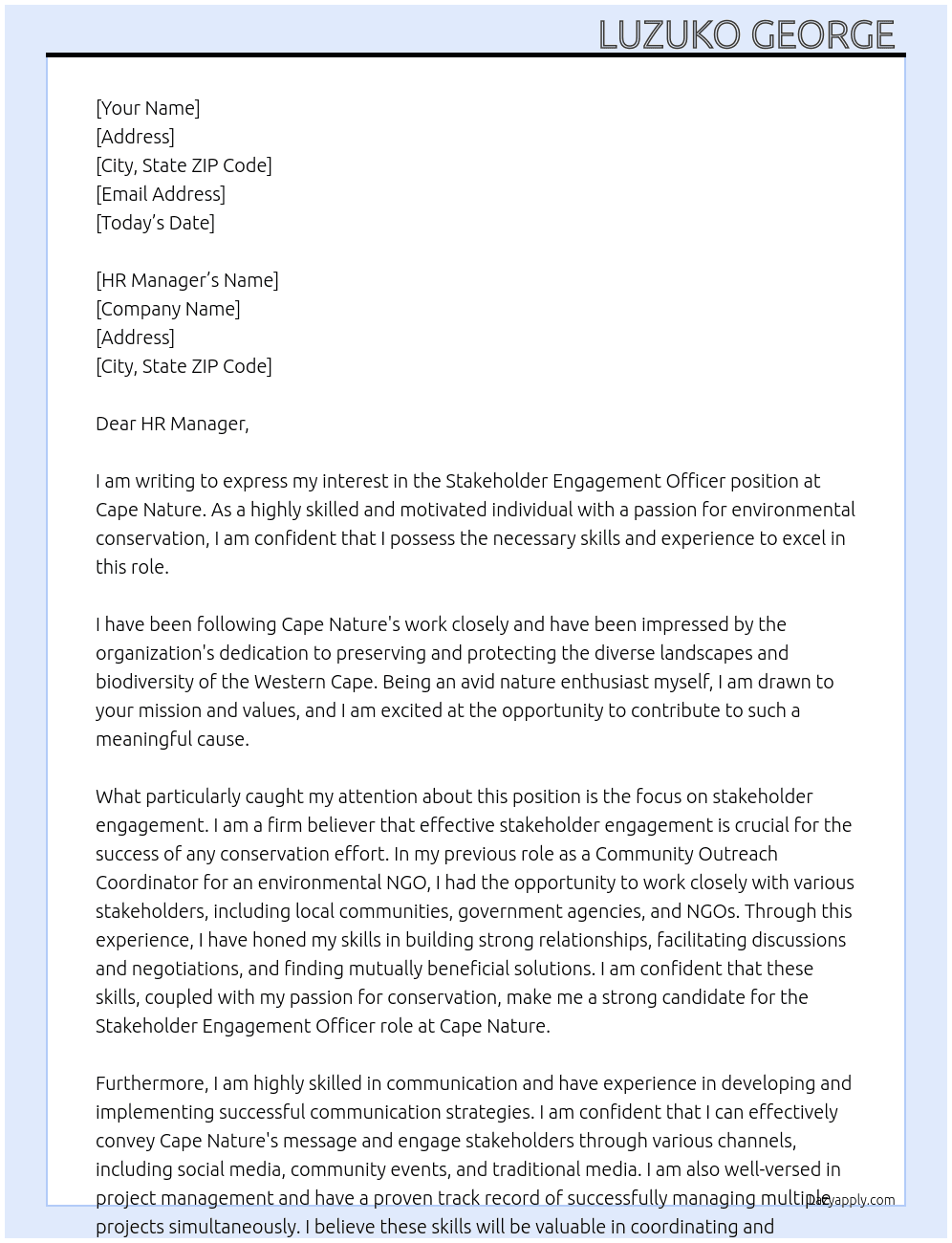 Stakeholder Engagement Officer At Cape Nature Cover Letter