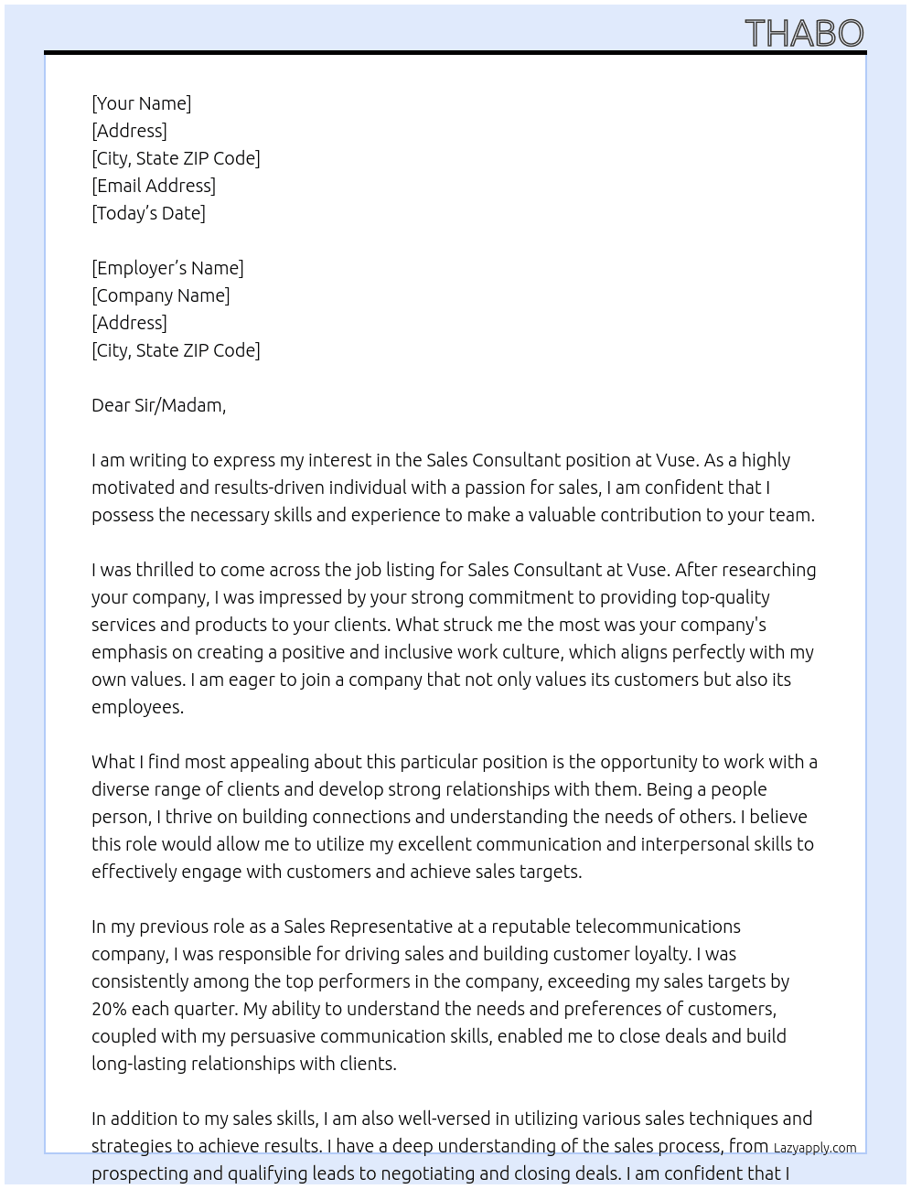 Sales consultant  At Vuse Cover Letter
