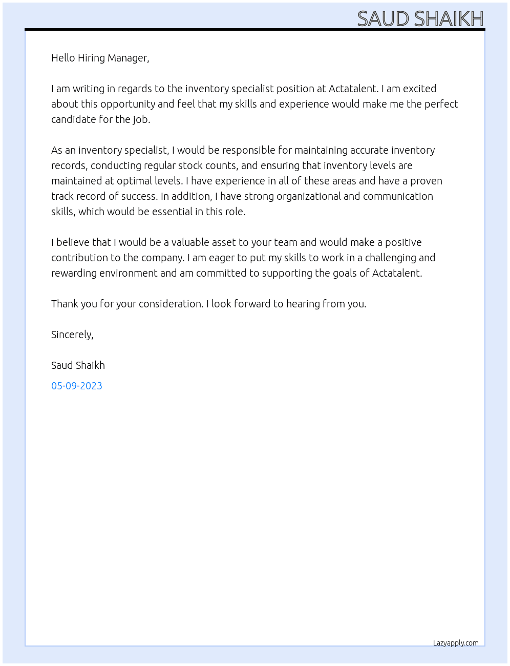 inventory specialist At Actatalent Cover Letter