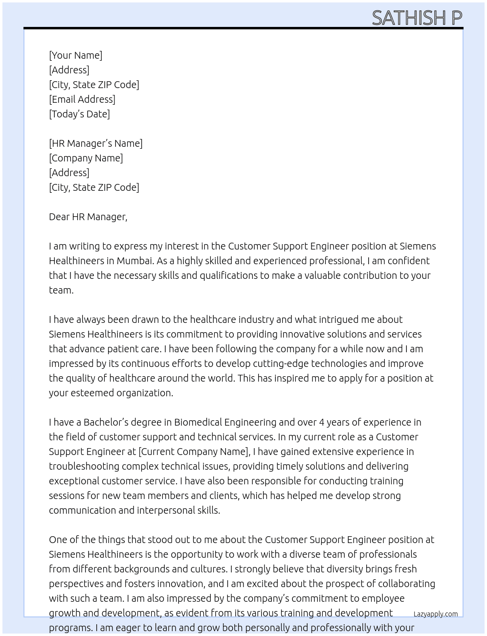 Customer support Engineer  At Siemens healthineers  Cover Letter