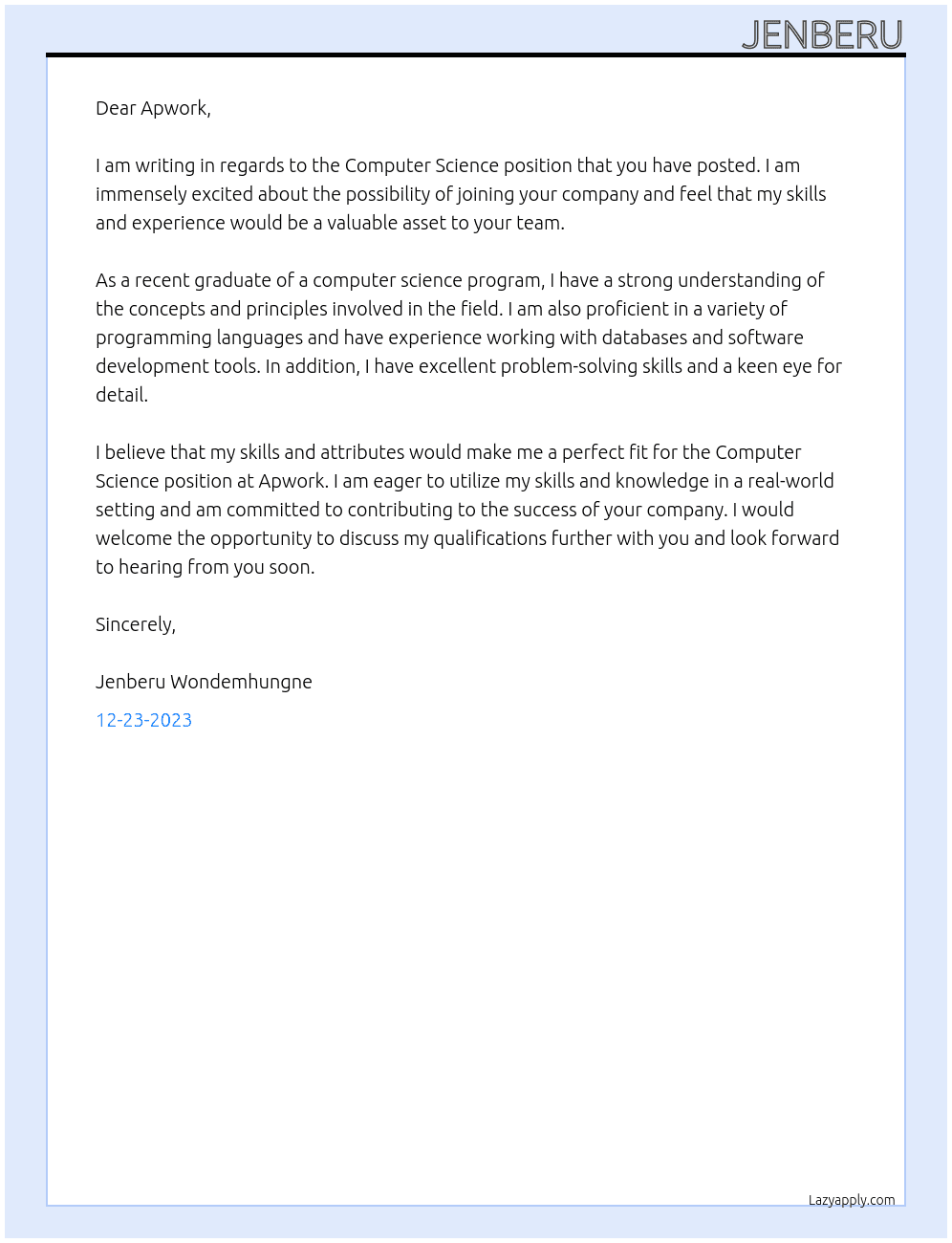 Computer Science At Apwork Cover Letter