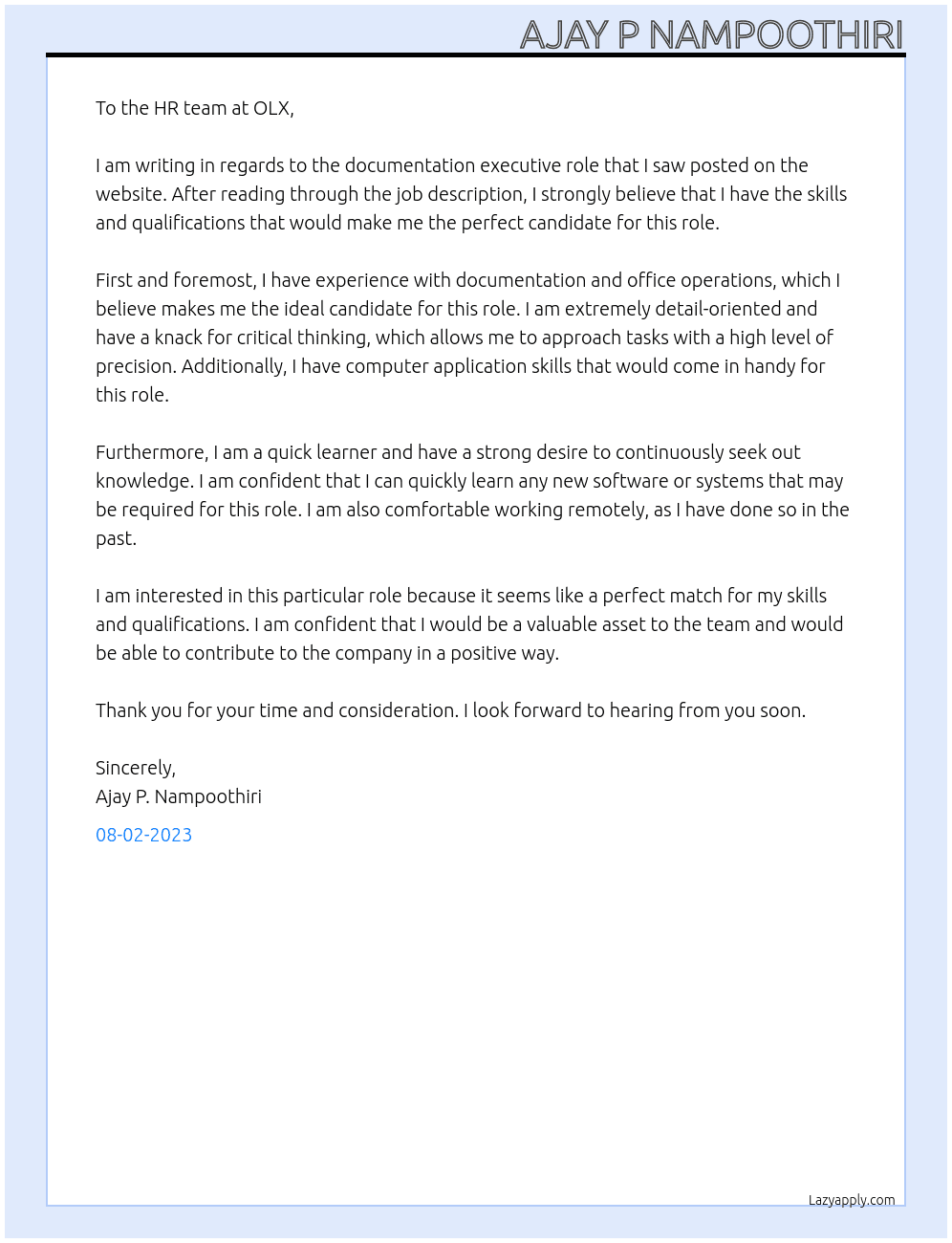 Documentation executive At Olx Cover Letter