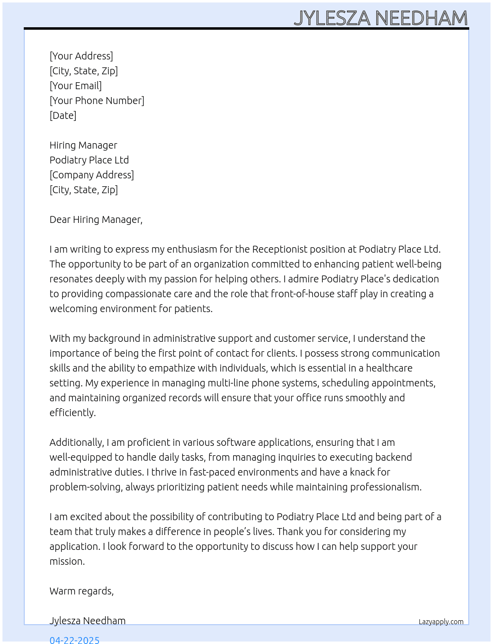 Receptionist At Podiatry Place Ltd Cover Letter