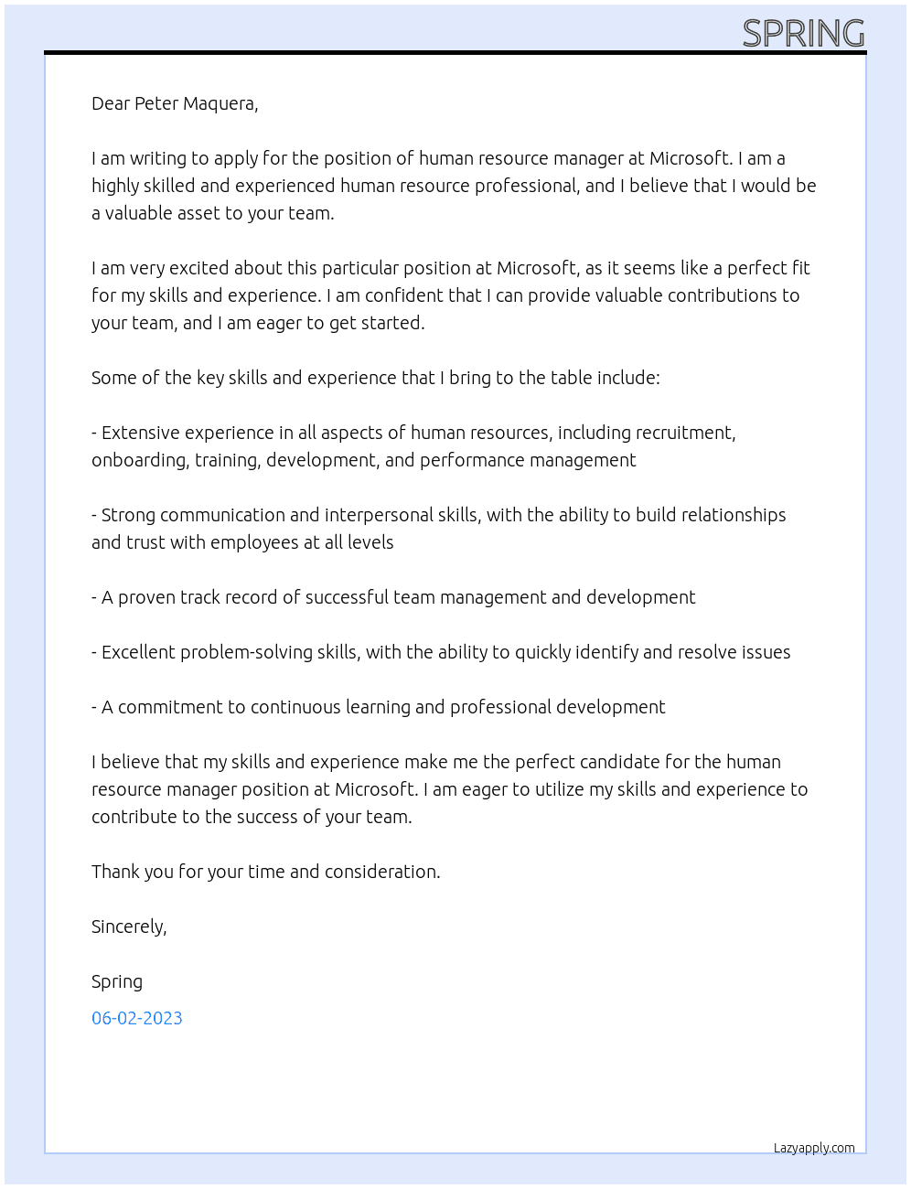 human resource manager At Microsoft  Cover Letter