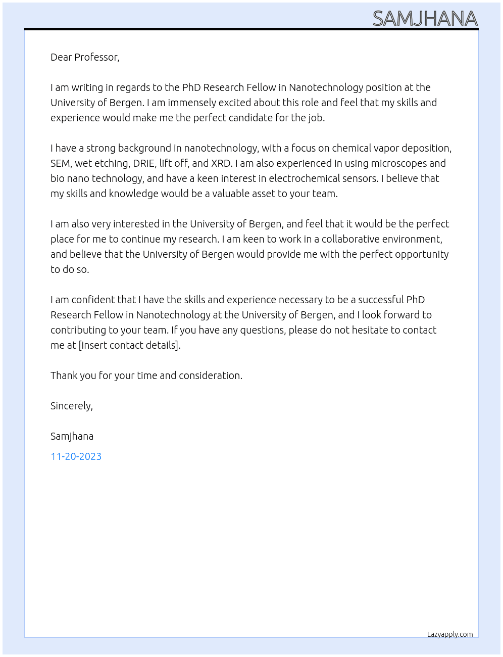 PhD Research Fellow in Nanotechnology At University of Bergen Cover Letter