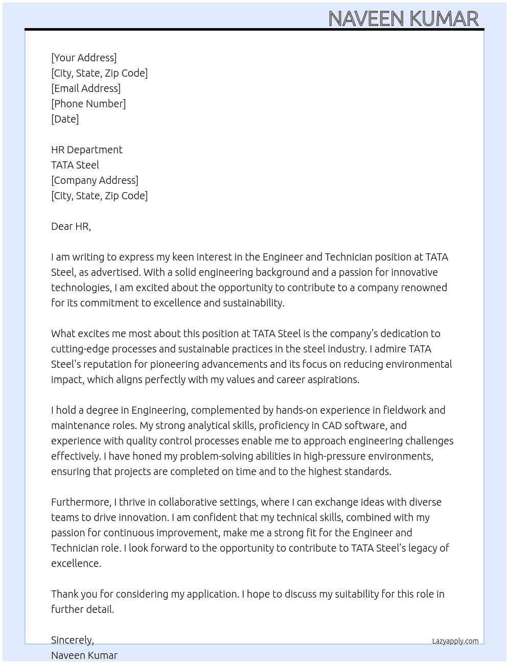 Cover letter for engineer and technician - LazyApply