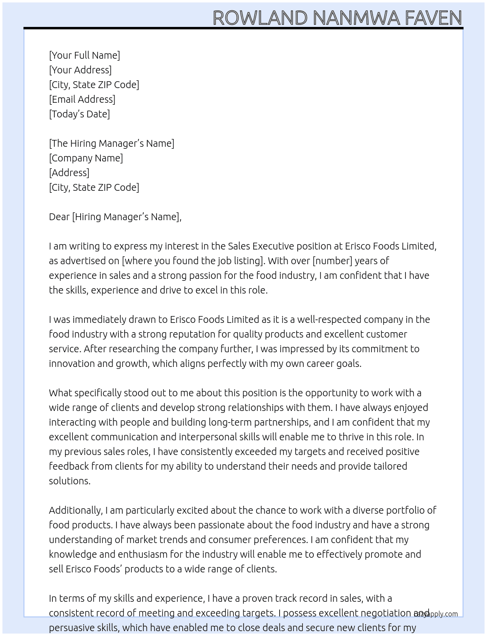 Sales Executive At ERISCO FOODS LIMITED Cover Letter