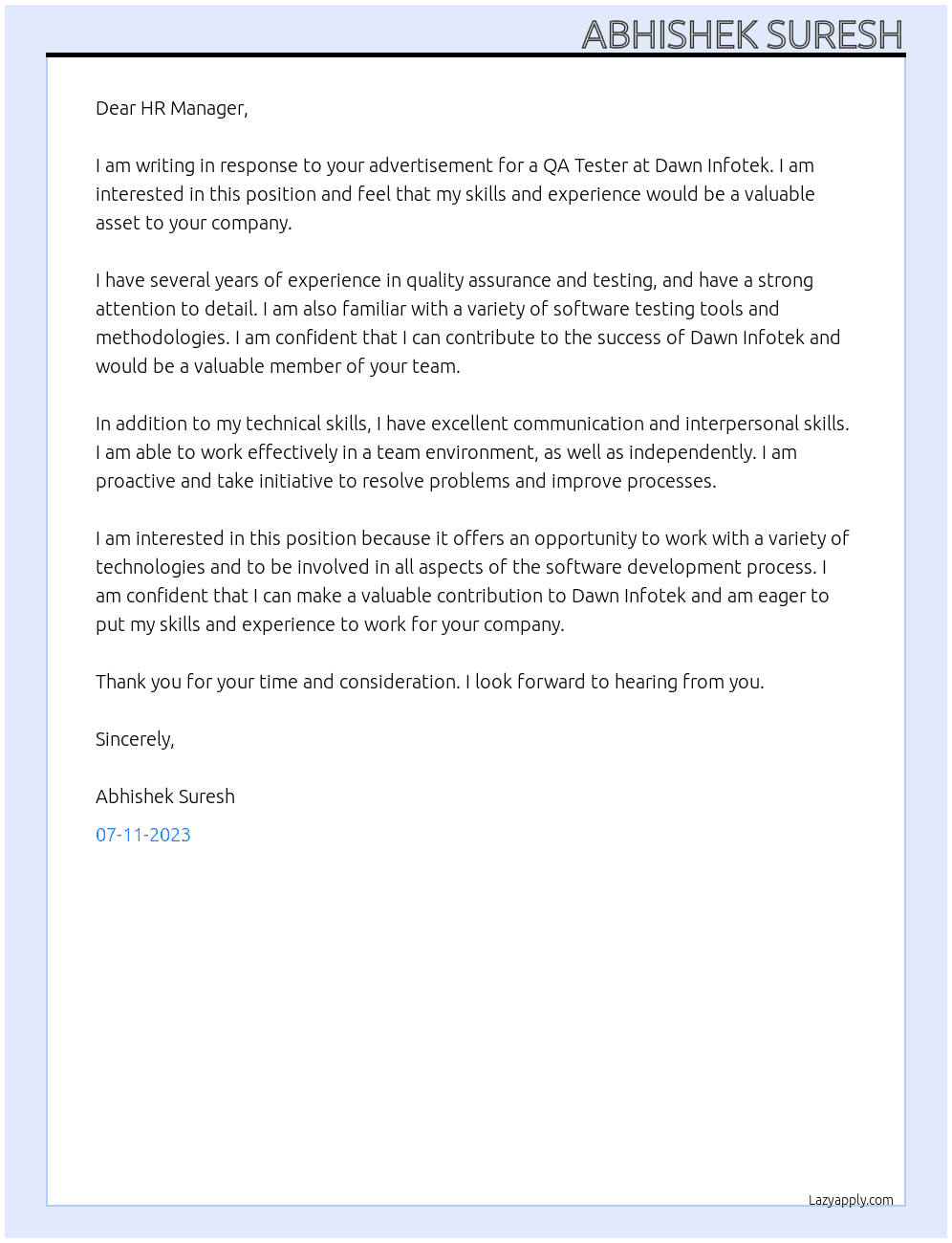 QA Tester At Dawn Infotek Cover Letter