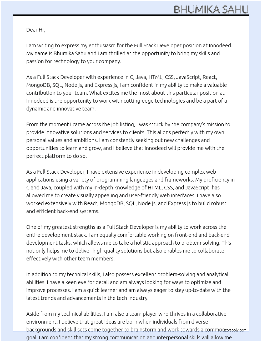 Full Stack Developer At Innodeed Cover Letter