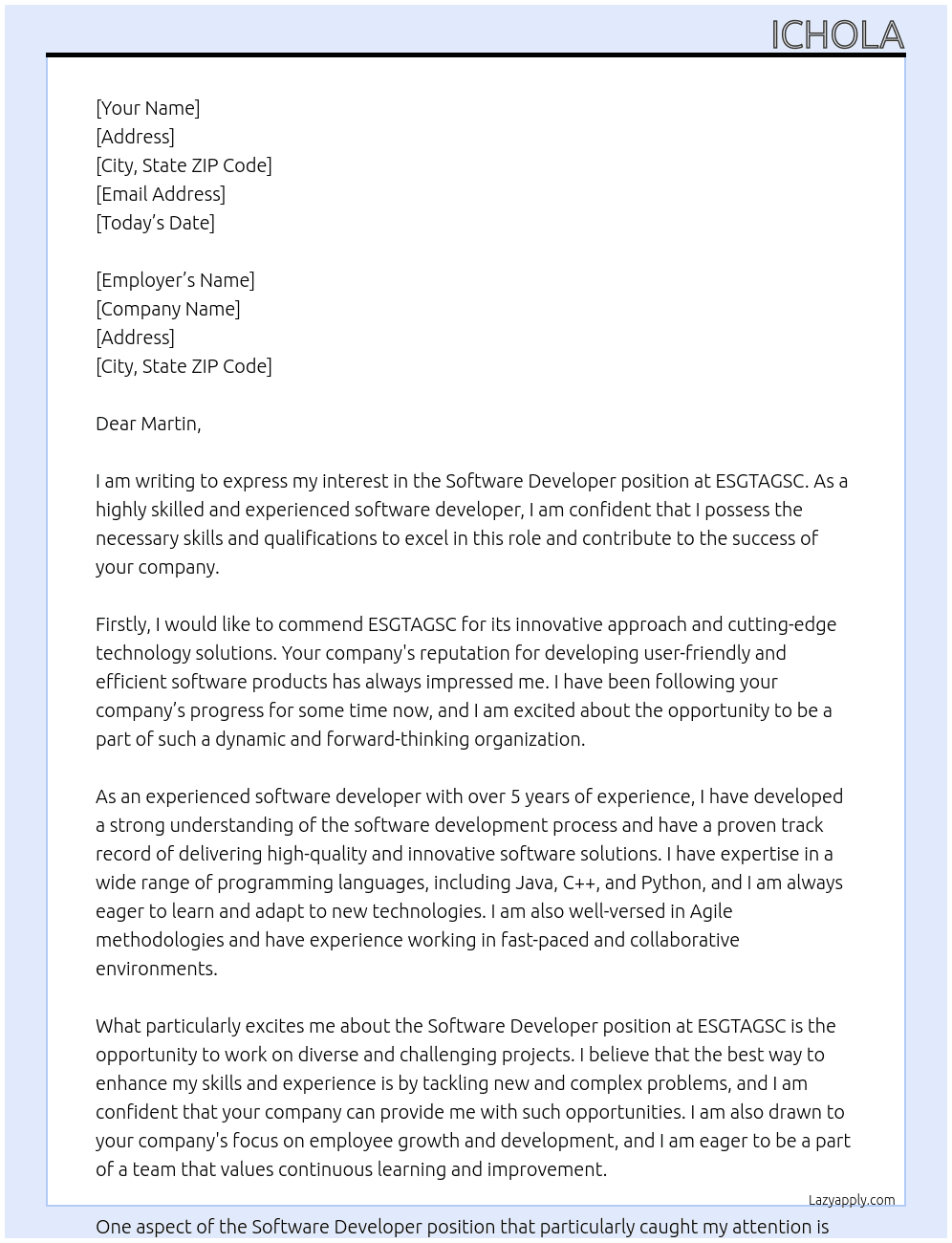Software developer At ESGTAGSC Cover Letter