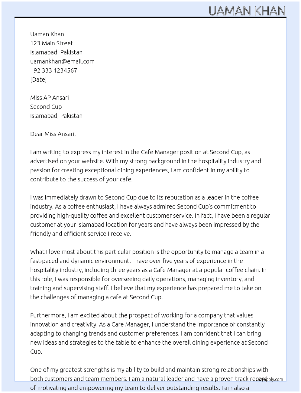 Cafe Managers At Second Cup Cover Letter