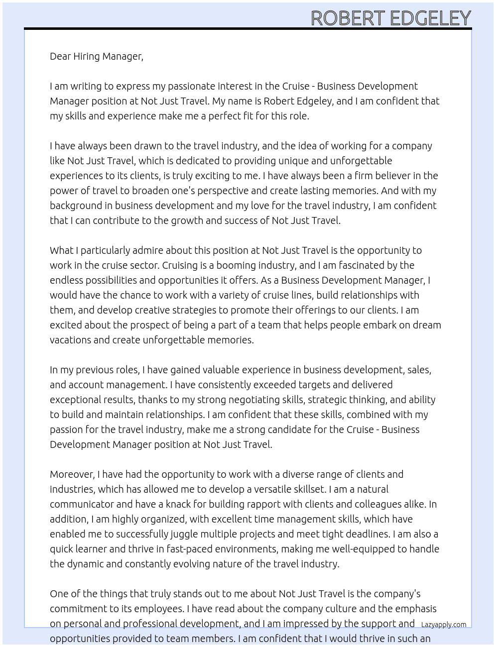 Cruise - Business Development Manager At Not Just Travel Cover Letter