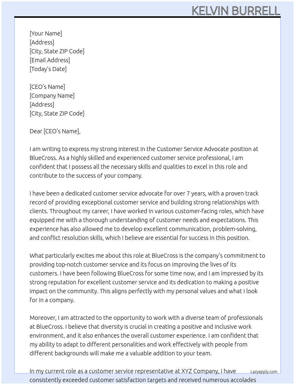 Customer Service Advocate At BlueCross Cover Letter