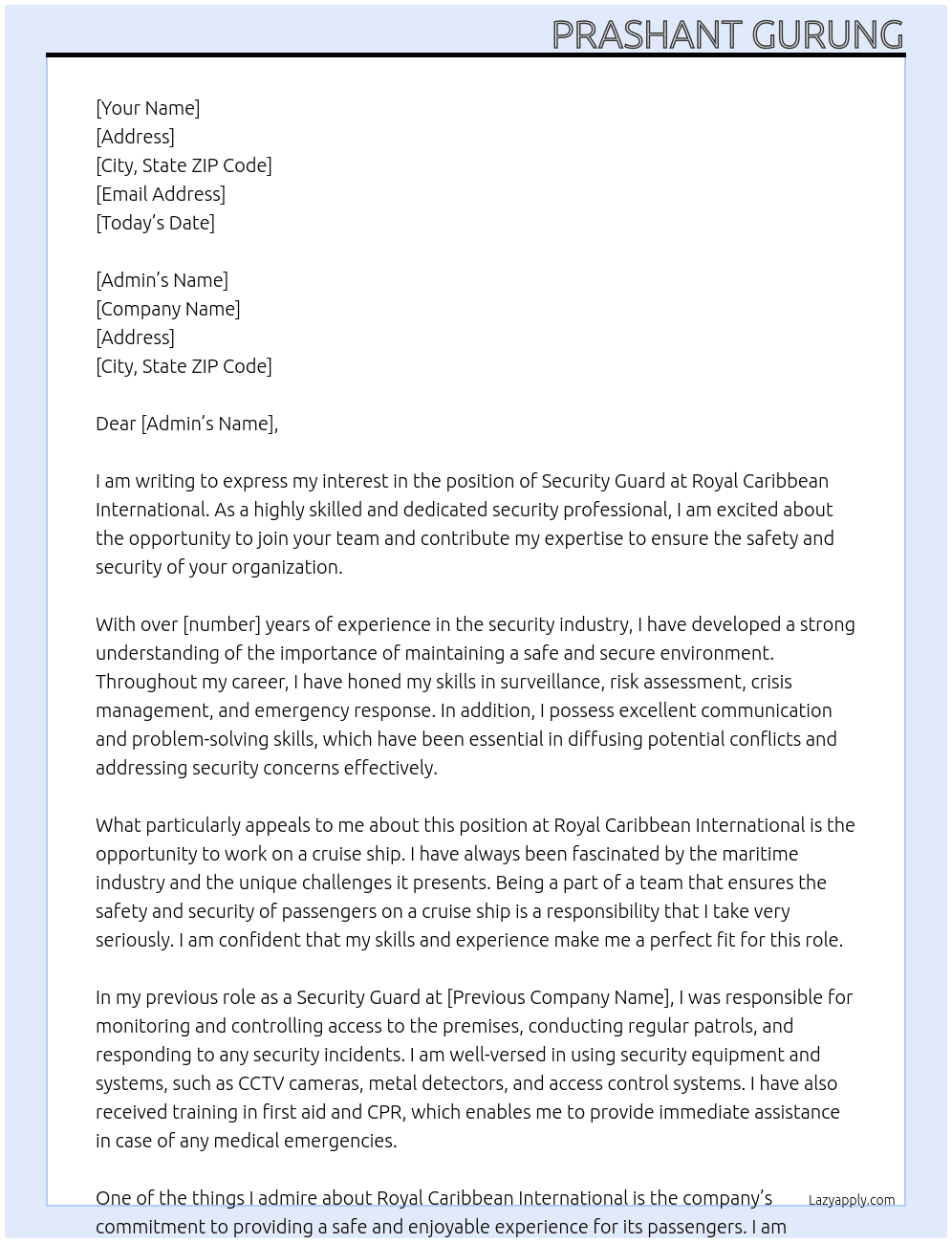 Security guard  At Royal Caribbean International Cover Letter