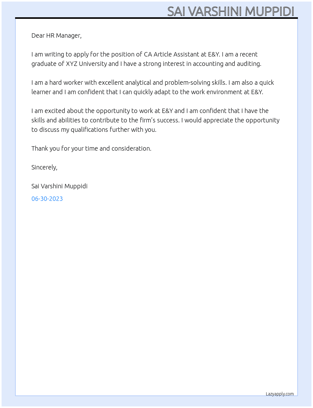 CA Article Assistant At E&Y Cover Letter