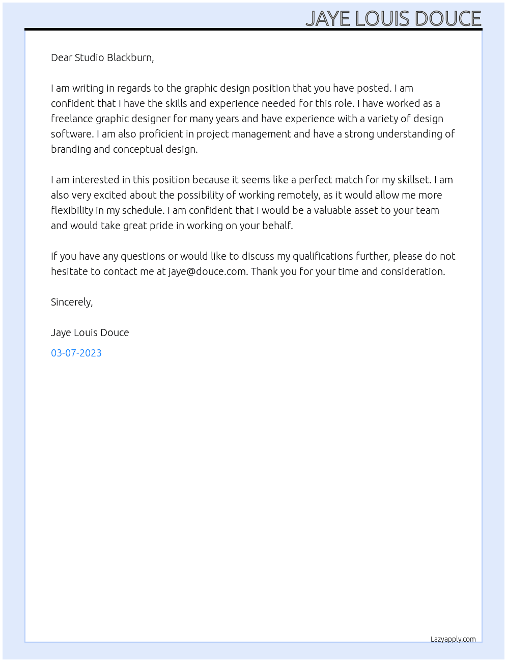 Graphic design At Studio Blackburn Cover Letter