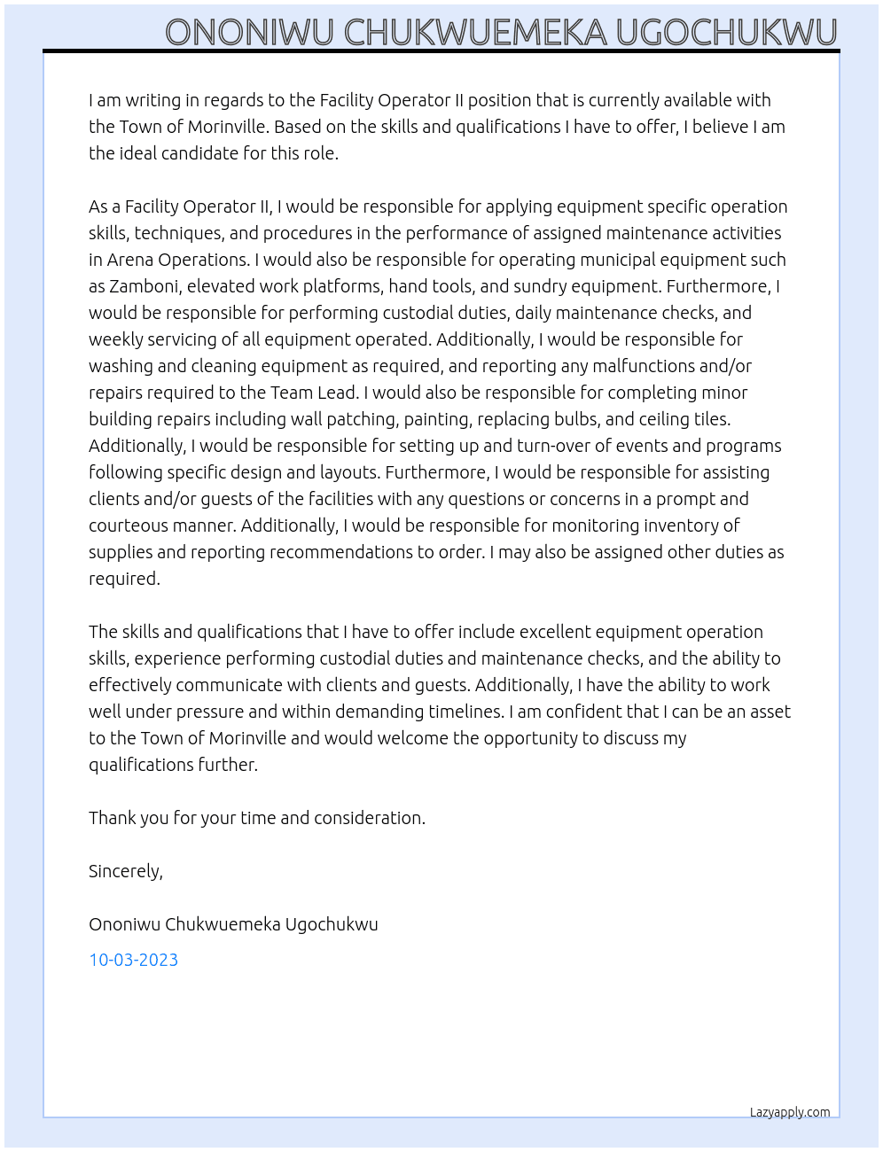 Facility Operator II At Town of Morinville, Morinville, Alberta Cover Letter