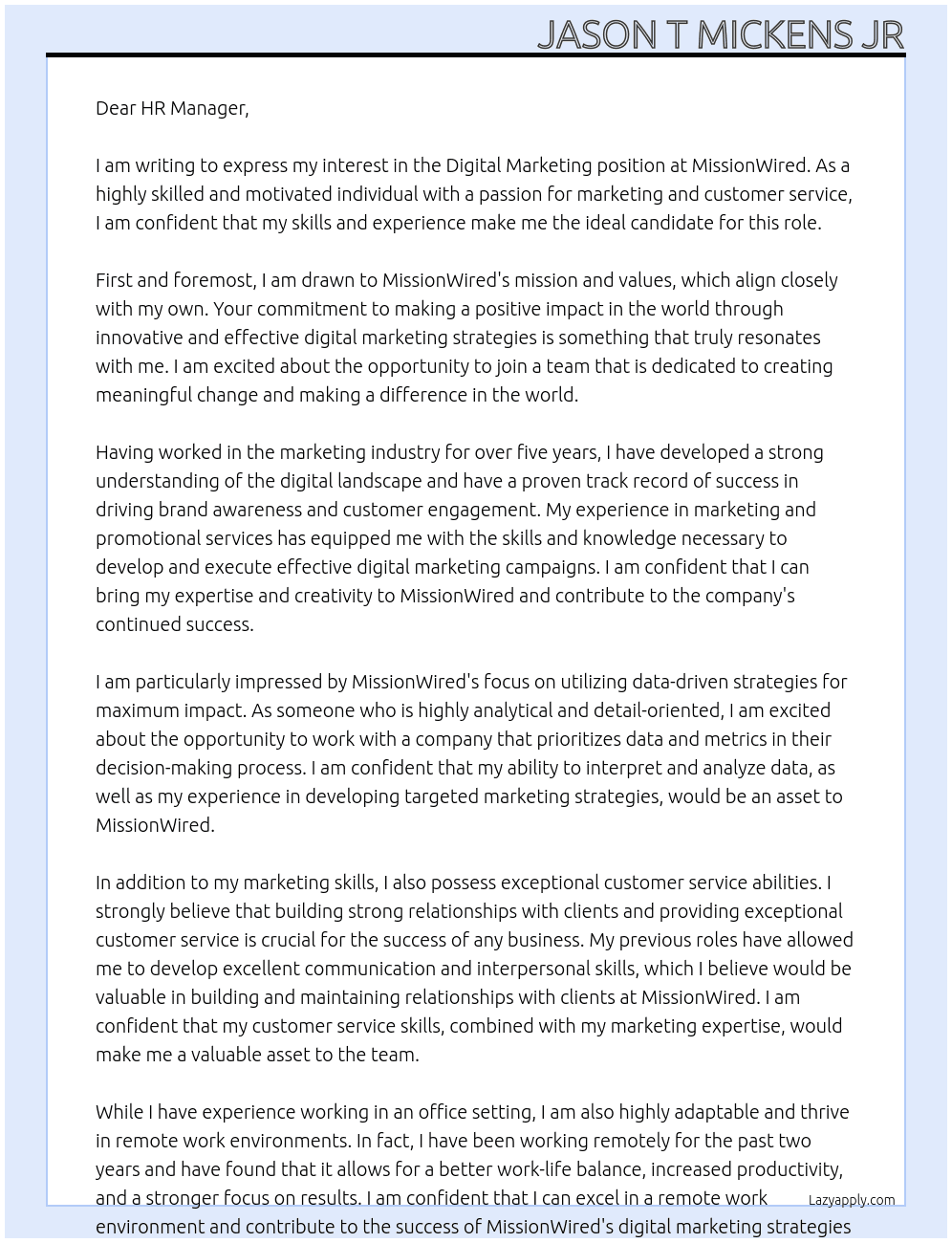 Digital Marketing At MissionWired  Cover Letter
