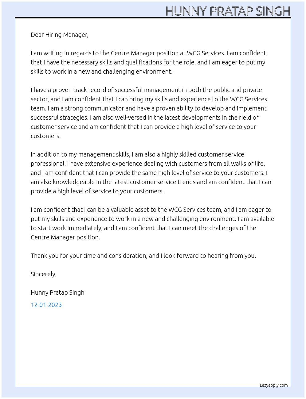 Centre Manager At WCG Services Cover Letter