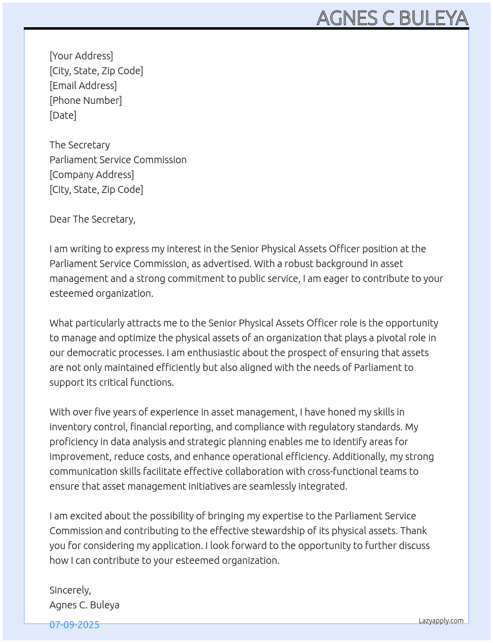 Senior Physical Assets Officer At Parliament Service Commission Cover Letter