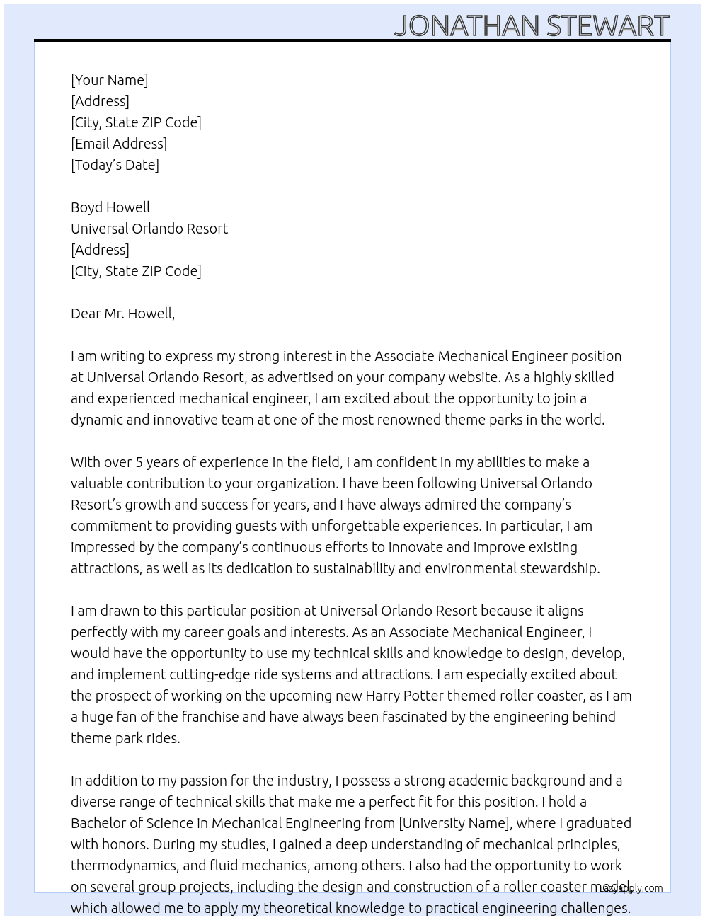 Associate Mechanical Engineer At Universal Orlando Resort Cover Letter