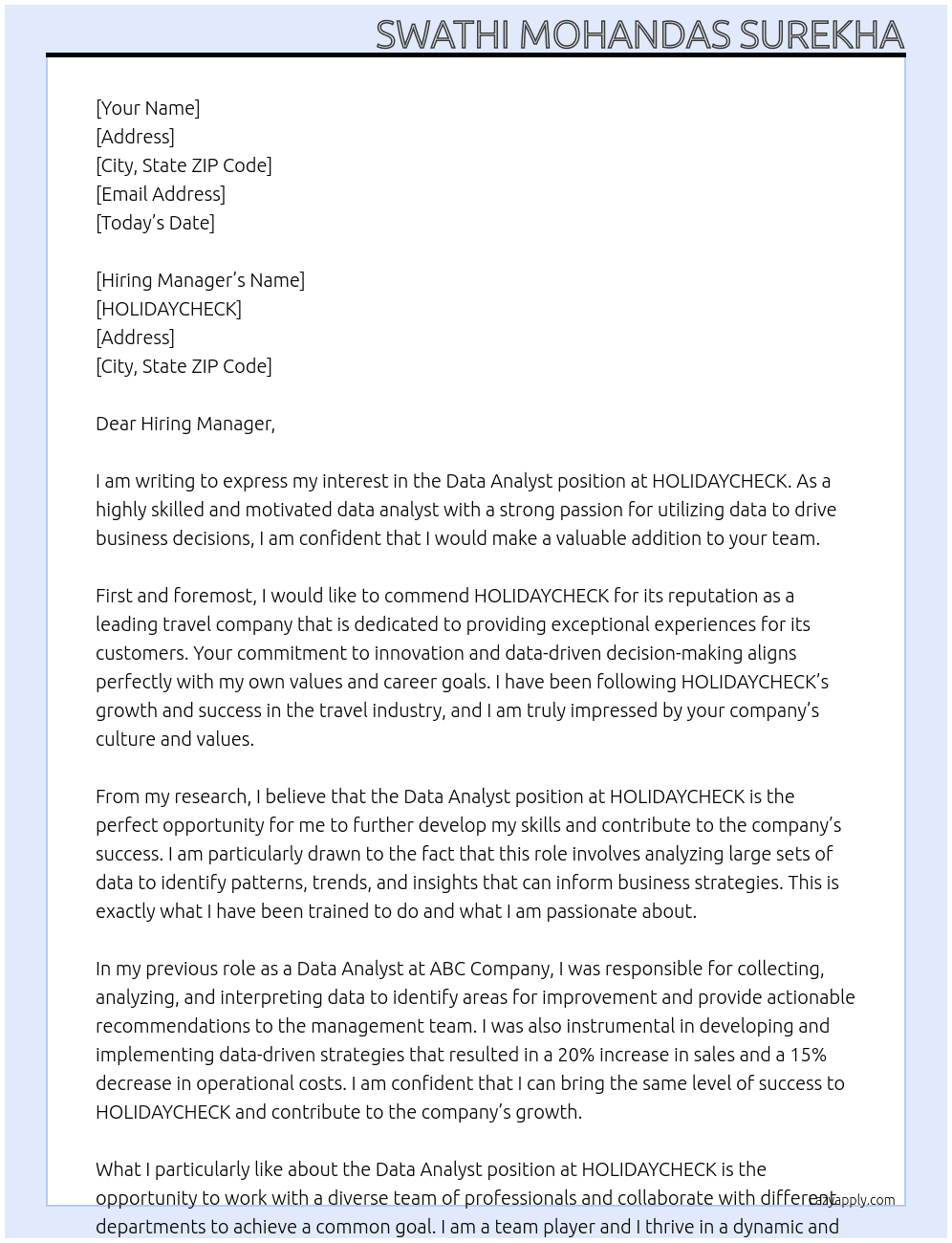 Data analyst  At HOLIDAYCHECK Cover Letter