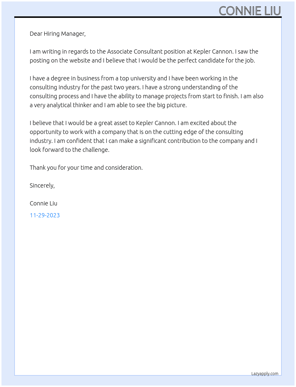 Associate Consultant At Kepler Cannon Cover Letter