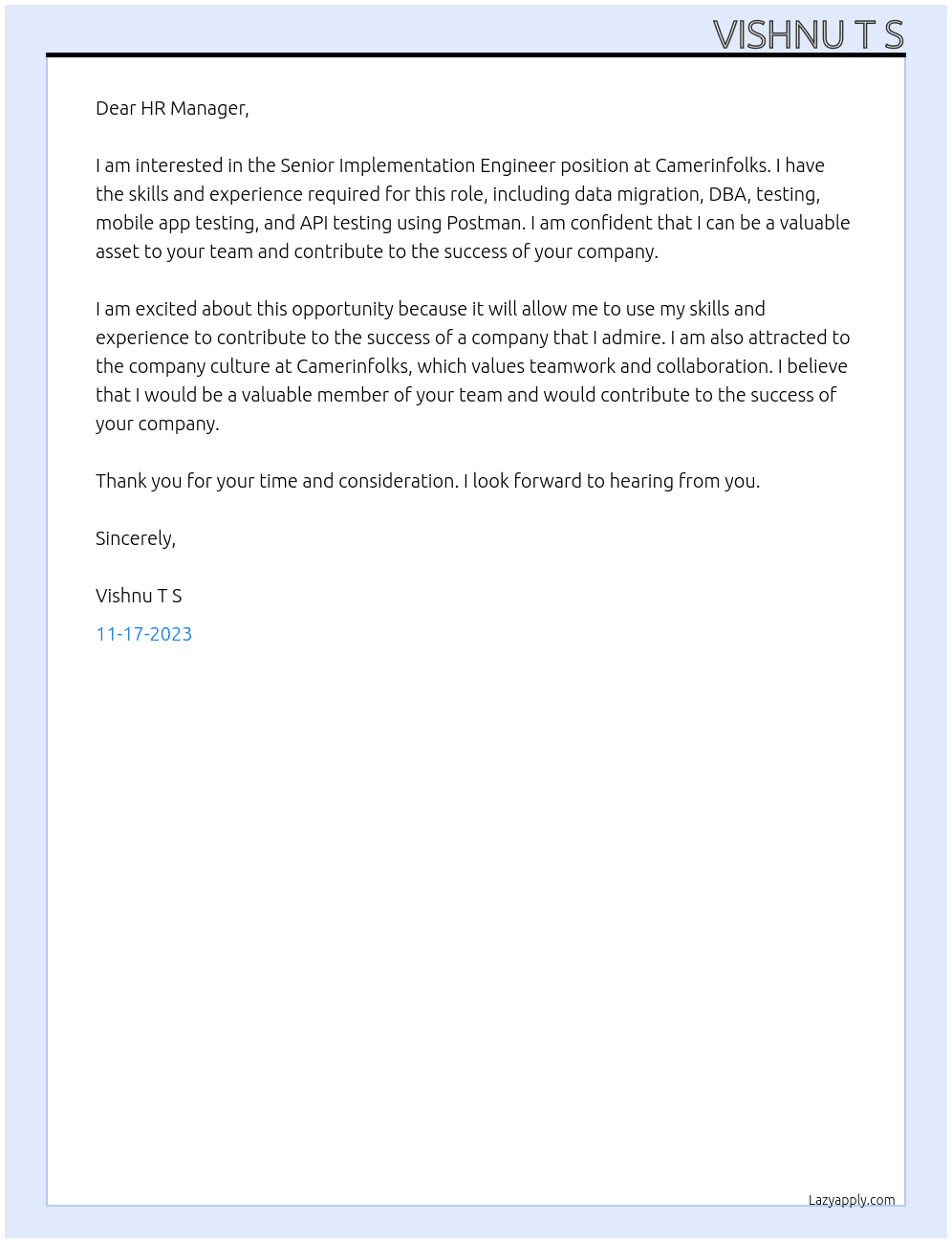 Senior Implementation Engineer At Camerinfolks Cover Letter
