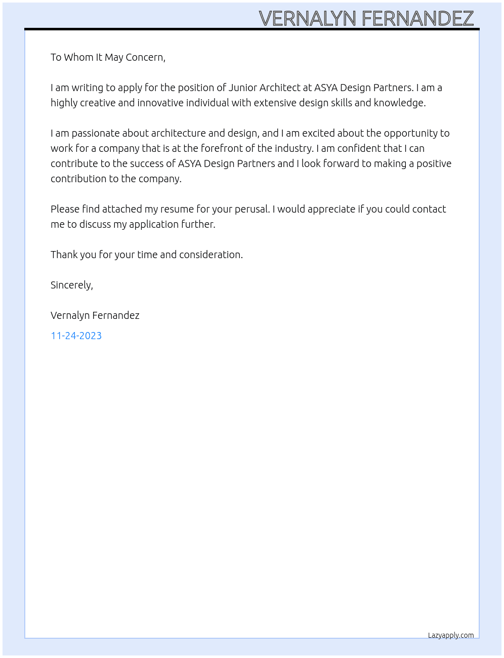 Junior architect At ASYA Design Partner  Cover Letter