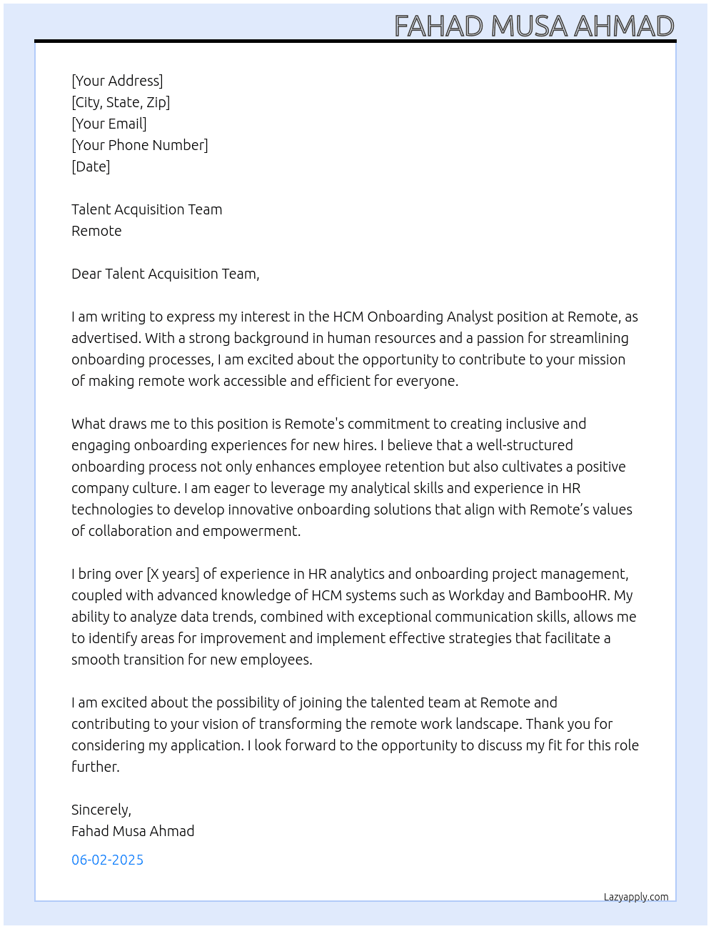 HCM Onboarding Analyst At Remote Cover Letter