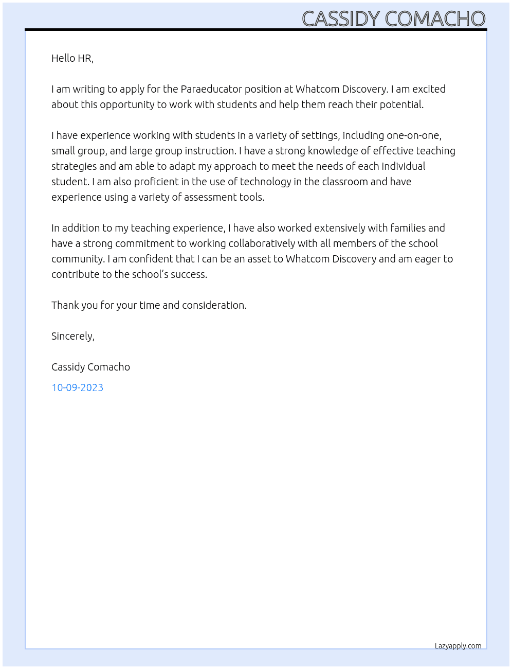 Paraeducator At Whatcom Discovery Cover Letter