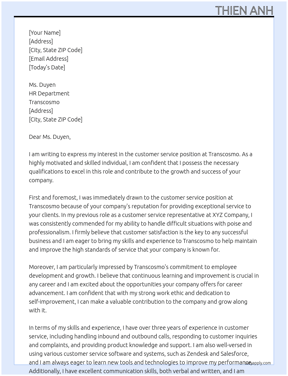 customer service  At transcosmo Cover Letter