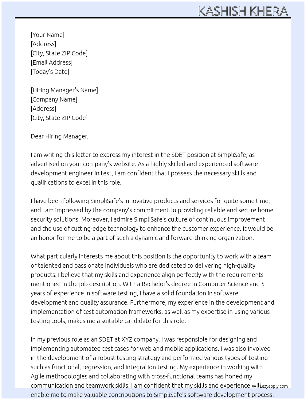 SDET - India At SimpliSafe Cover Letter