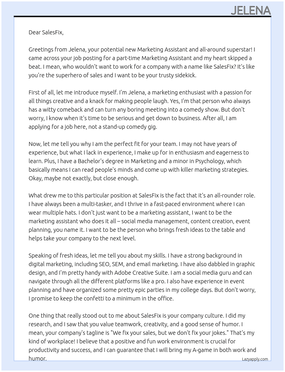 Marketing Assistant - all rounder -Part time At SalesFix Cover Letter