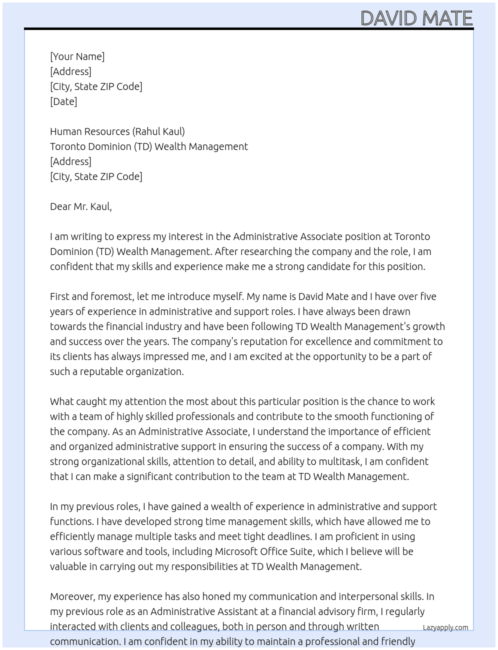 Administrative Associate  At Toronto Dominion (TD) Wealth Management Cover Letter