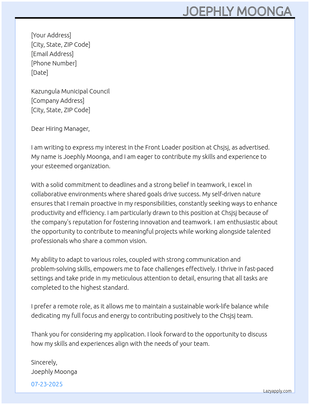 Front and loader At Chsjsj Cover Letter