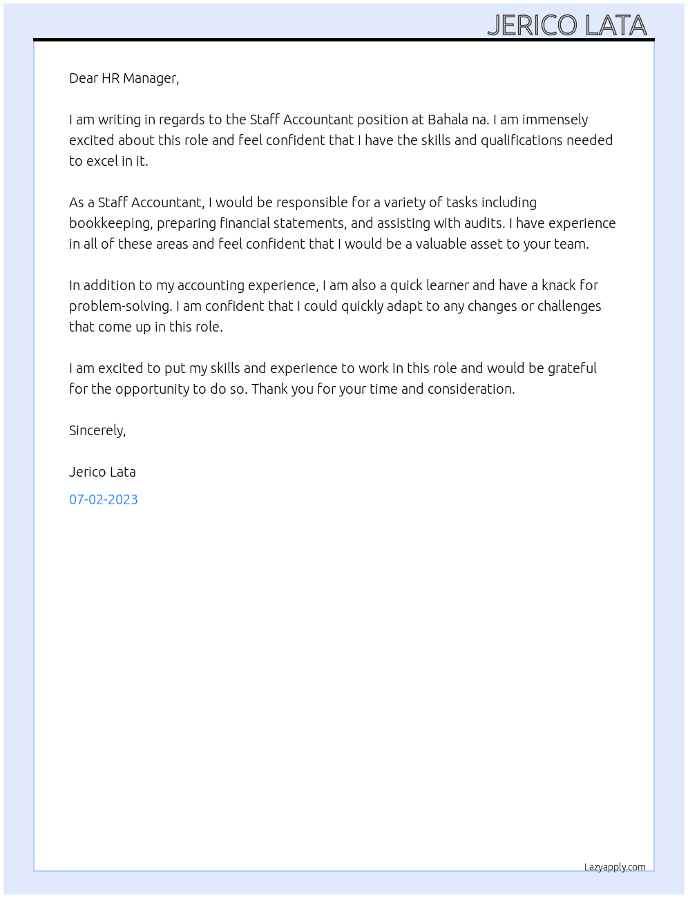 Staff Accountant  At Bahala na Cover Letter