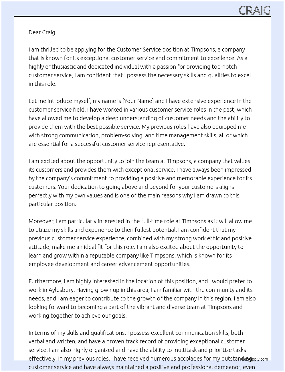 Customer Service At Timpsons Cover Letter