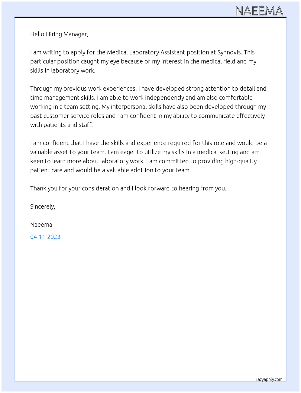 Medical laboratory Assistant  At Synnovis  Cover Letter
