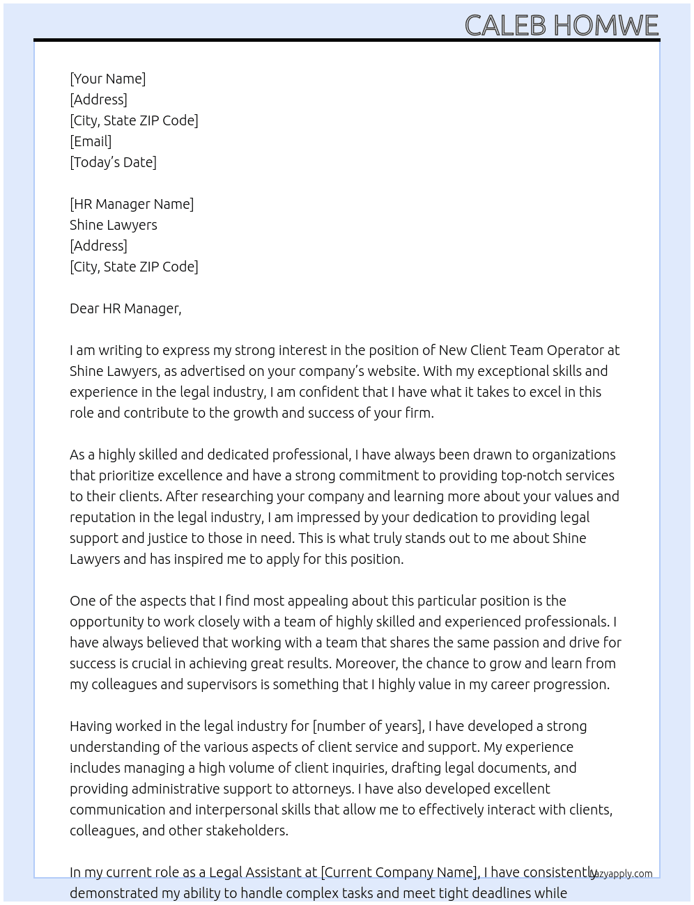 New Client Team Operator At Shine Lawyers Cover Letter