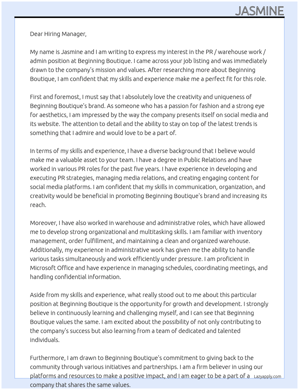 PR / warehouse work / admin  At Beginning Boutique Cover Letter