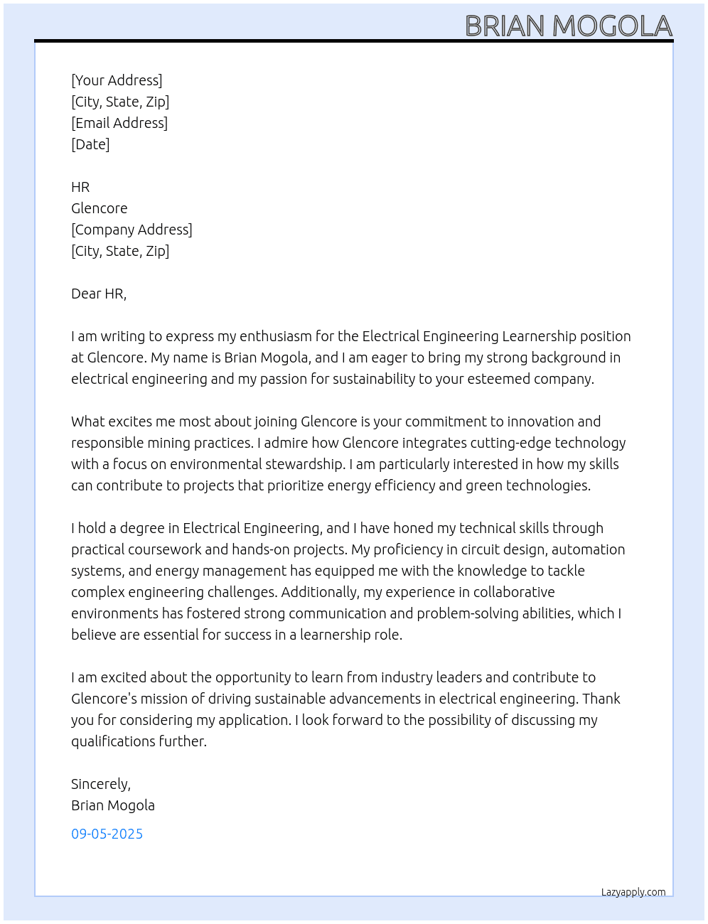 electrical engineering learnership At Glencore Cover Letter